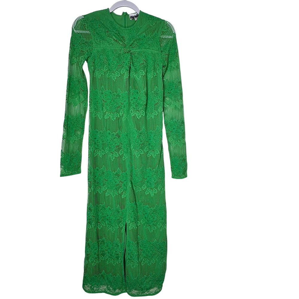 Ganni Kelly Green‎ Floral Lace Twist Front Long Sleeve Midi Dress Slit